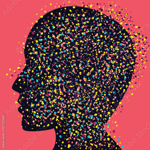 Illustration of a Human Head in Profile, Psychological Concept of Swirling Thoughts. Vector.