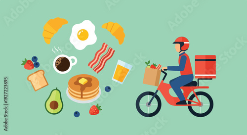 A colorful illustration shows various breakfast foods on the left and a delivery person on a scooter with groceries on the right.