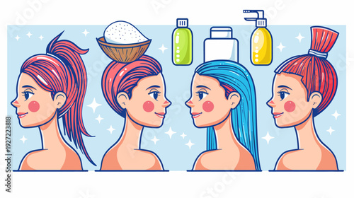 Colorful illustrated image depicting four women with different hairstyles, surrounded by beauty products