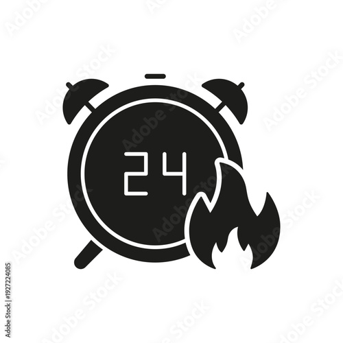 24-Hour Timer With Fire Solid Icon. Rapid Response, Emergency Countdown, And Urgency Silhouette Symbol. Quick Action And Crisis Management. Isolated Vector Illustration