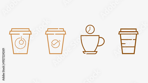 A collection of brown outline illustrations of coffee cups, to-go cups, and a mug