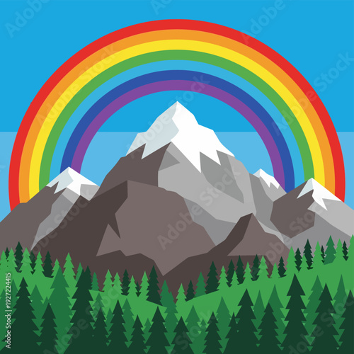 Rainbow Over Mountains and Trees.