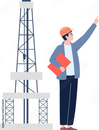 Engineer working on oil manufacture. Industrial worker character