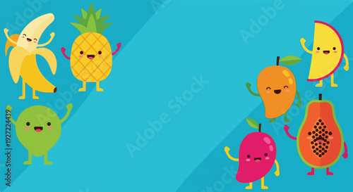 Cute cartoon tropical fruits, including a banana, pineapple, mango, and papaya, with happy faces and limbs, on a vibrant blue background.