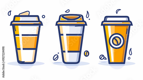 Three stylized, illustrated takeaway coffee cups in various designs, coffee beans, and water droplet elements