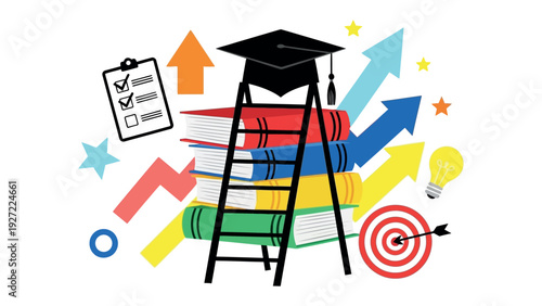 Educational Ladder to Achievement: A visually dynamic illustration featuring a scholarly graduation cap atop a ladder, resting on stacked books.