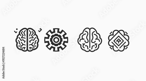 Four brain-related icons with clean lines and simple shapes, placed horizontally on a white backdrop