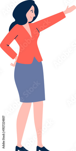 Woman showing direction with hand gesture. Pointing right