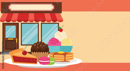 A colorful vector illustration of a sweet shop storefront with an inviting display of various desserts including pie, cupcakes, ice cream, and pancakes.