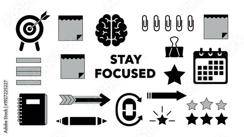 Stay Focused: A collection of stylized business icons, representing concepts like focus, planning, and goal-setting, conveys the message of concentrated effort and dedication.