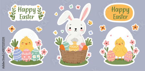 Easter celebration with bunny and chicks in eggs surrounded by flowers and happy easter greetings