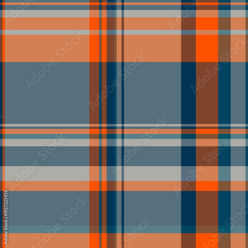 Proud plaid texture vector, father tartan seamless pattern. Fashion background check textile fabric in cyan and orange colors.