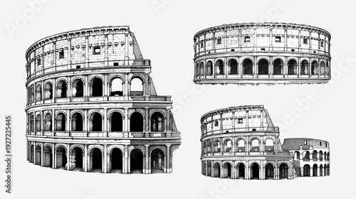 Artistic depiction of a historic amphitheater, rendered in grayscale, featuring archways and tiers