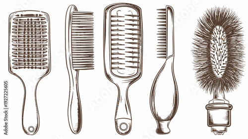 Stylized illustration of various combs and brushes.  Isolated on white. Hand-drawn.  Brown sketch