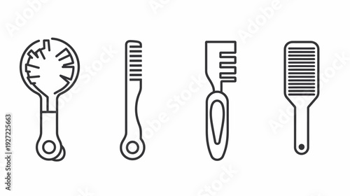 A minimalist line-art illustration featuring four different hair tools, all black on a white background