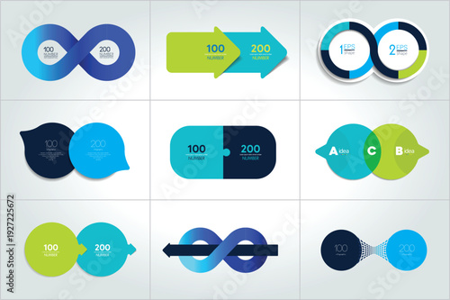 Mega set of two elements, steps chart, diagram, scheme. Circle, round design.