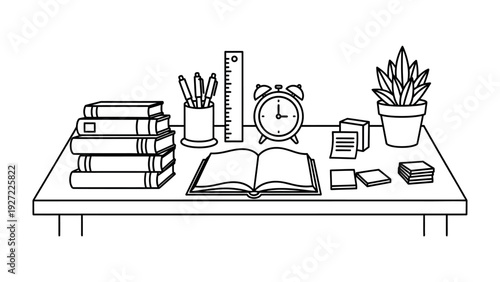Study Desk Essentials: An organized desk scene features essential study materials including stacked books, a clock, pens, and a ruler, perfect for inspiration.