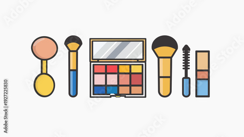 A vector illustration of makeup tools arranged in a row against a white backdrop