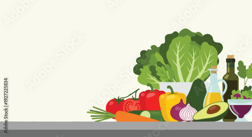 A vibrant flat-illustration features an assortment of fresh vegetables, leafy greens, and cooking essentials like olive oil, arranged on a grey countertop.