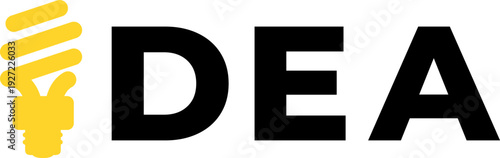 Minimalist creative typography of the word Idea with a yellow energy saving light bulb replacing the letter I, modern black and yellow vector logo design isolated on white
