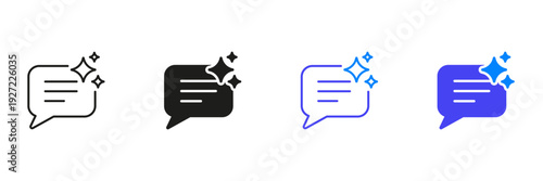 Speech Bubble With Sparkles Line And Solid Icon Set. AI Chat Assistant Outline And Silhouette Symbol Collection. Chat Bot Icon. Symbol of Generative Content. Isolated Vector Illustration