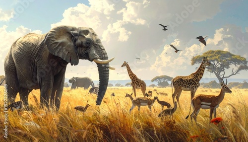 Serengeti Safari: The African savannah comes alive with a herd of majestic elephants, elegant giraffes, and swift antelopes in a panorama of African wildlife. 