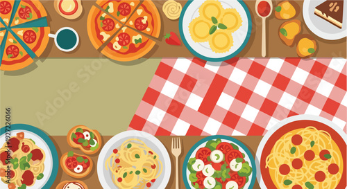 Overhead view of a vibrant Italian feast featuring pizza, pasta, ravioli, bruschetta, and salad, all laid out on a table with a red and white checkered cloth.