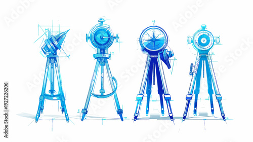 Watercolor illustration of surveying instruments in varying forms, all painted in shades of blue