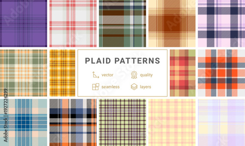 Plaid pack tailored for packaging of seasonal goods. Coordinated tartan patterns unify gift presentation. Seamless vectors repeat flawlessly.