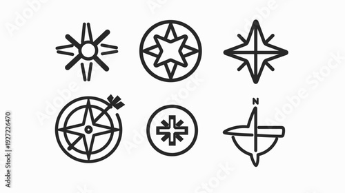 Collection of stylized, vector compass icons. Each compass features a different design and style