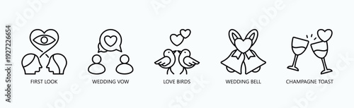 Wedding Moments Icon Set Isolated Vector With Icon Of First Look, Wedding Vow, Love Birds, Wedding Bell, Champagne Toast, ,  In Outline Style