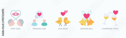 Wedding Moments Icon Set Isolated Vector With Icon Of First Look, Wedding Vow, Love Birds, Wedding Bell, Champagne Toast, ,  In Flat Style