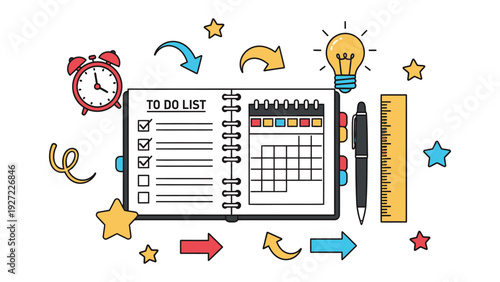 To-Do List: An illustrated planner, adorned with a pen, ruler, and alarm clock, symbolizes time management, planning, and goal setting