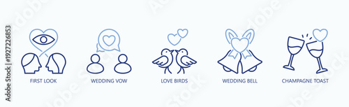 Wedding Moments Icon Set Isolated Vector With Icon Of First Look, Wedding Vow, Love Birds, Wedding Bell, Champagne Toast, ,  In Two Color Glyph Style