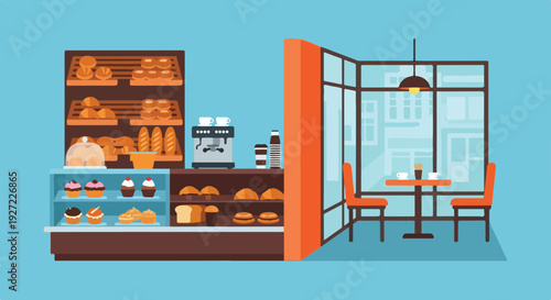 A flat-design illustration of a bustling bakery and coffee shop interior, featuring shelves of baked goods, a coffee machine, and a cozy window-side seating area.