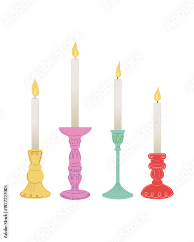 Hand drawn colorful candle holders with burning candles vector set