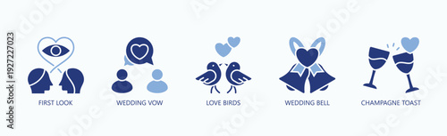 Wedding Moments Icon Set Isolated Vector With Icon Of First Look, Wedding Vow, Love Birds, Wedding Bell, Champagne Toast, ,  In Two Color Outline Style