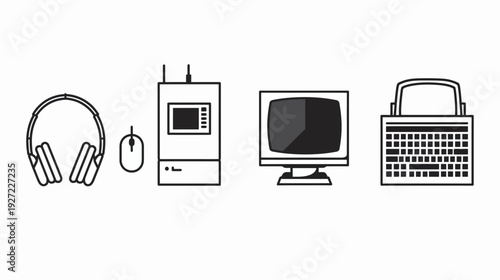 A white background with four separate black and white illustrations of tech accessories