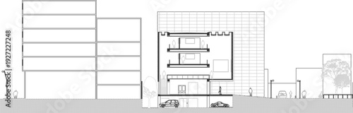 Architectural street section drawing featuring building outlines, a detailed multi-level house with a garage, cars, and surrounding urban landscape.