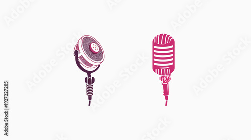 Illustration featuring two vintage microphones in pink and purple hues, isolated on a white background