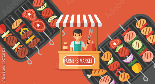 A cheerful vendor stands at a "Farmers Market" stall, surrounded by two outdoor grills loaded with sizzling skewers of meat, vegetables, and other BBQ items.
