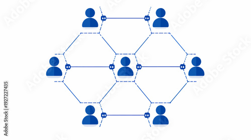 Stylized diagram depicting interconnected individuals within a network. Blue color scheme on white
