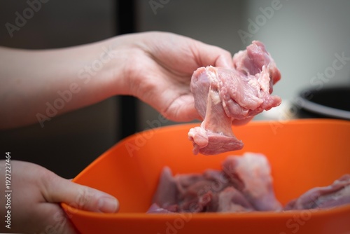Wallpaper Mural Female hand holding a piece of turkey thigh meat for marinating and cooking. Healthy poultry preparation. Torontodigital.ca