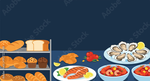 A colorful vector illustration of a food buffet, featuring bakery goods on shelves and seafood like grilled salmon, shrimp, and oysters.