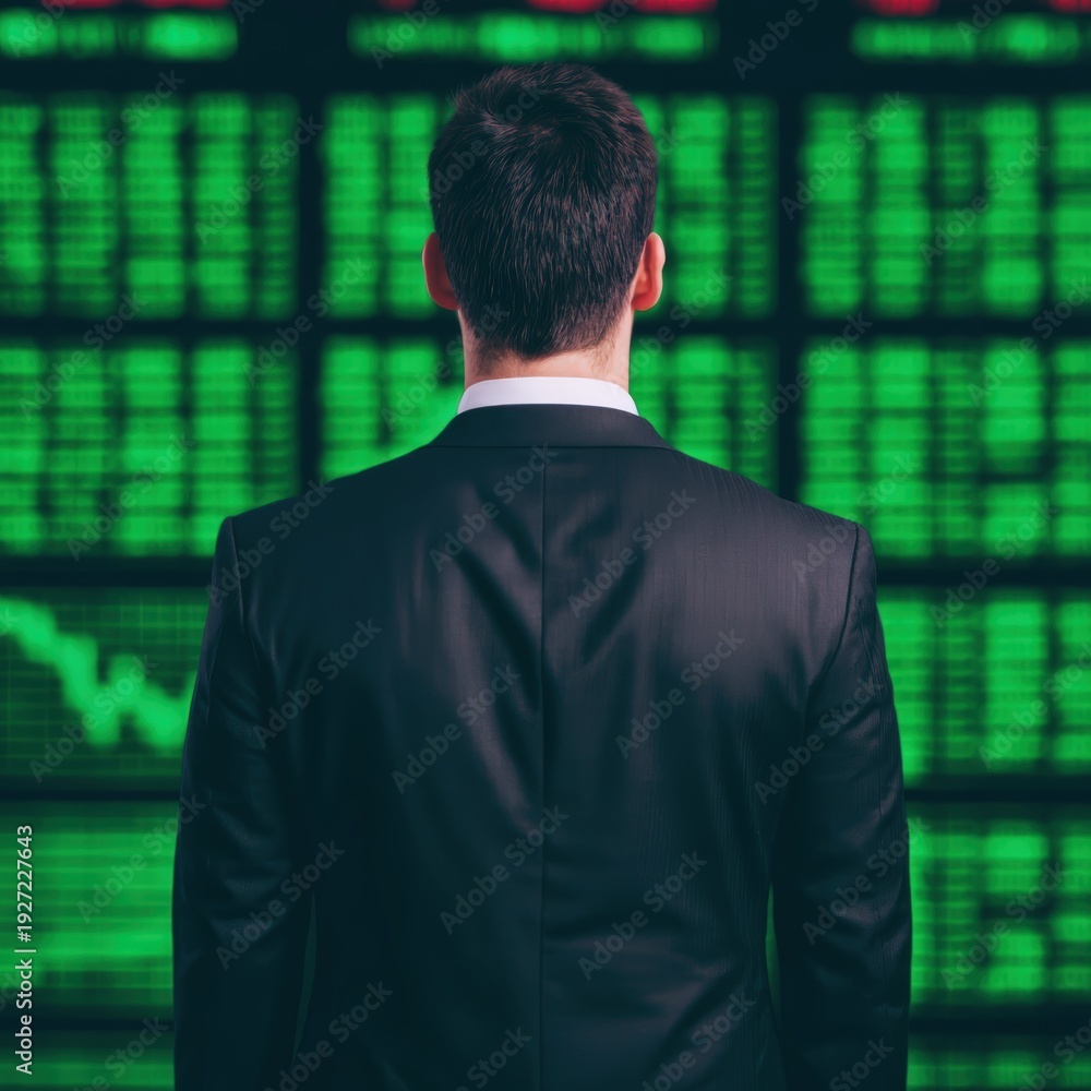 Fototapeta premium A businessman in a suit stands facing a large screen filled with green stock market data and graphs.