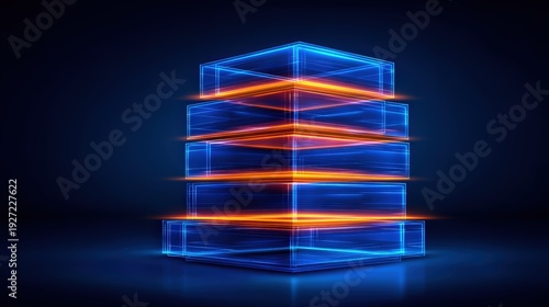 A glowing blue and orange wireframe cube composed of multiple stacked layers on a dark background, representing digital or technology concepts.