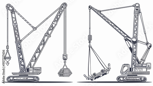 Black and white illustration of two construction cranes, showing different operational stances