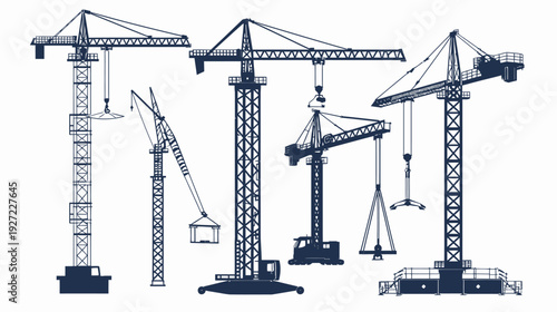 Silhouetted illustration of various construction cranes, depicting their shapes and functionality