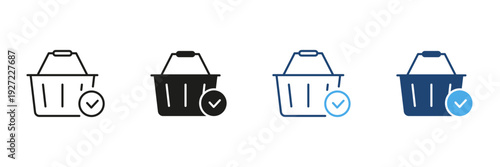 Shopping Basket With Checkmark Line And Solid Icon Set. E-Commerce, Purchase Confirmation, And Online Shopping Approval Outline And Silhouette Symbol Collection. Isolated Vector Illustration