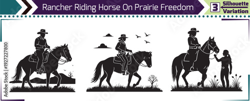 Rancher Riding Horse On Prairie Freedom Silhouette Concept Variation Design Vector Set